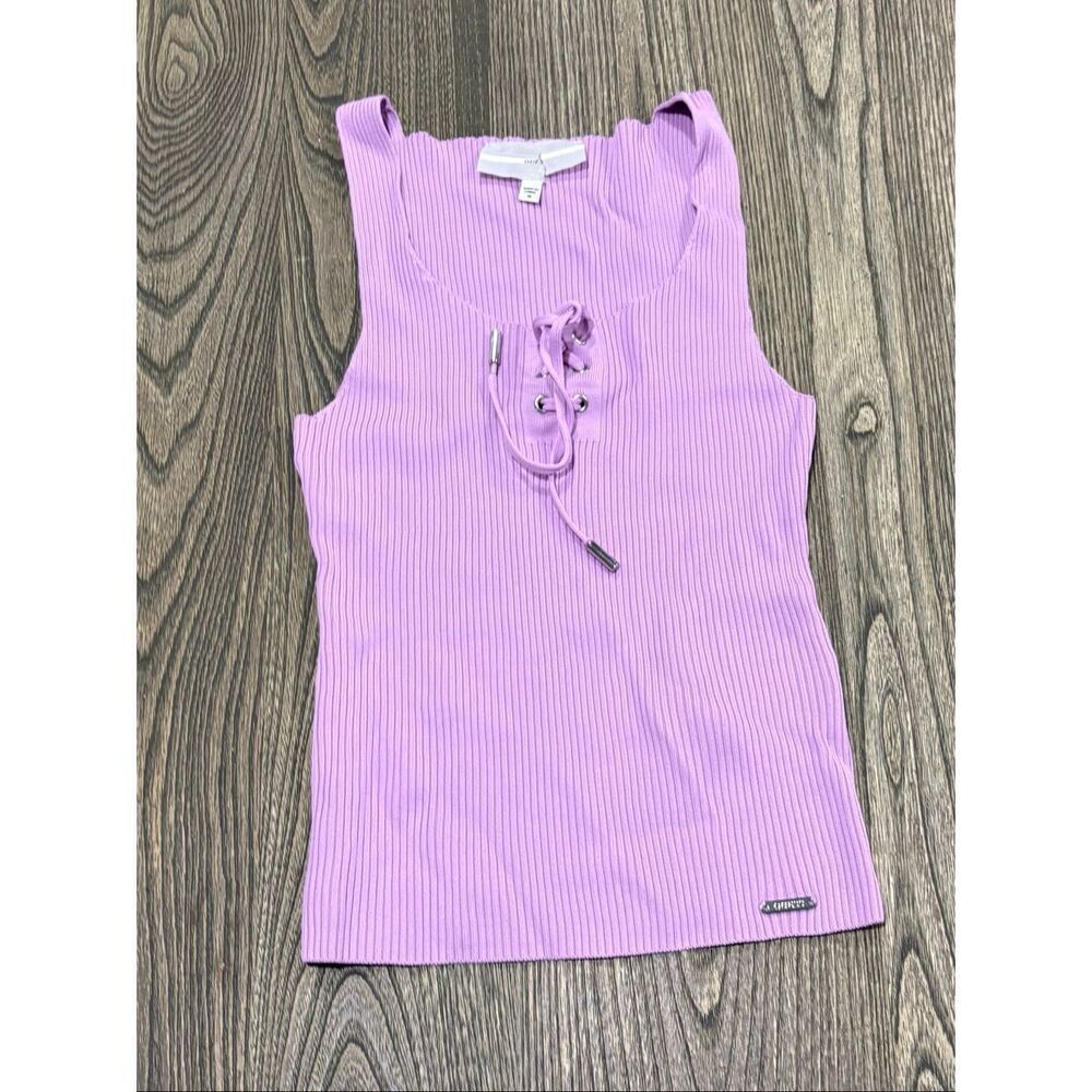 Guess Ribbed Knit Tank Top Lace-Up Scoop Neck Pullover Stretch Lavender Size M